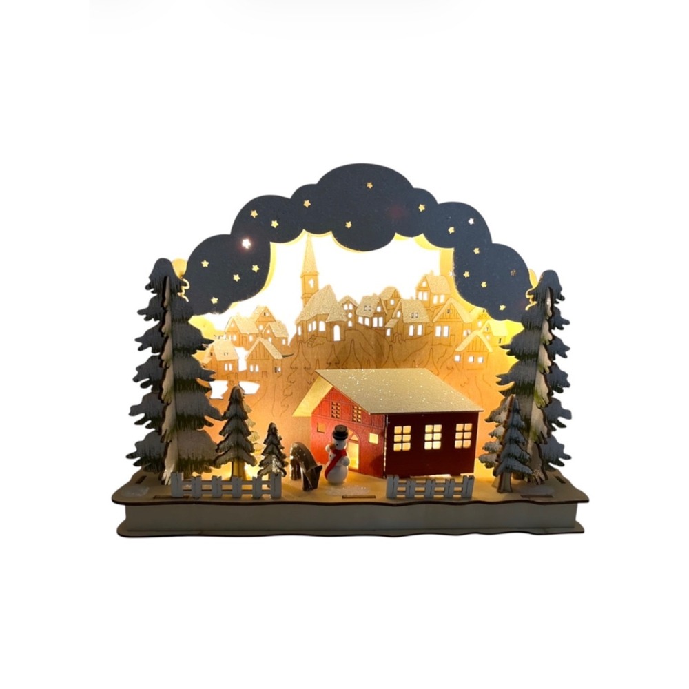 Light Up Wooden Nordic Style Christmas Village Arch Music Box Snowman Deer - Picture 4 of 14